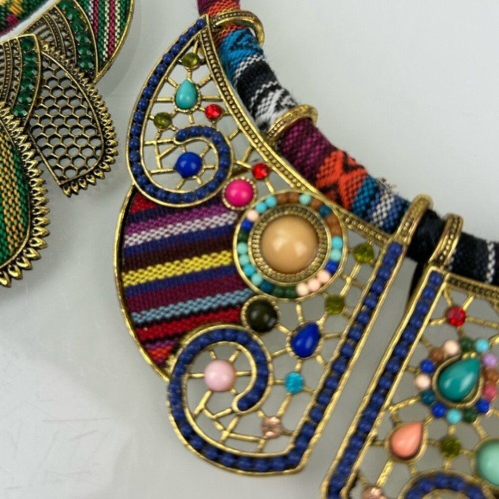 Tribal Beaded Threaded Rhinestone Necklaces Set of 2 Unique Eclectic Statement - Picture 10 of 16
